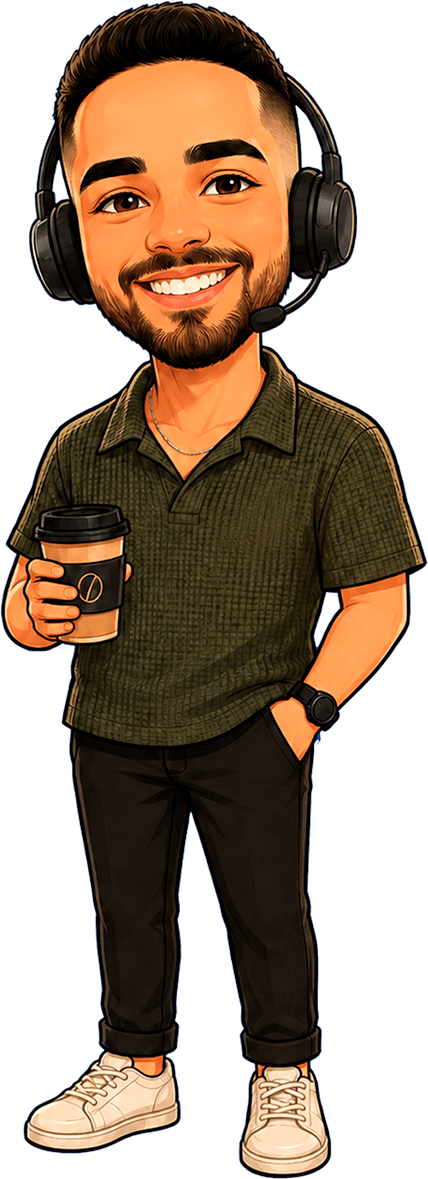 Caricatura de Braule Fernandes usando headset e segurando um copo de café